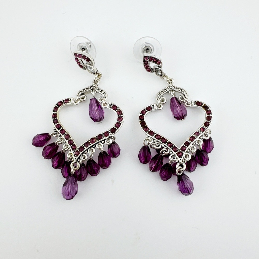 Purple Heart Dangle Earrings Silver‎ Tone Acrylic Bead Chandelier Style